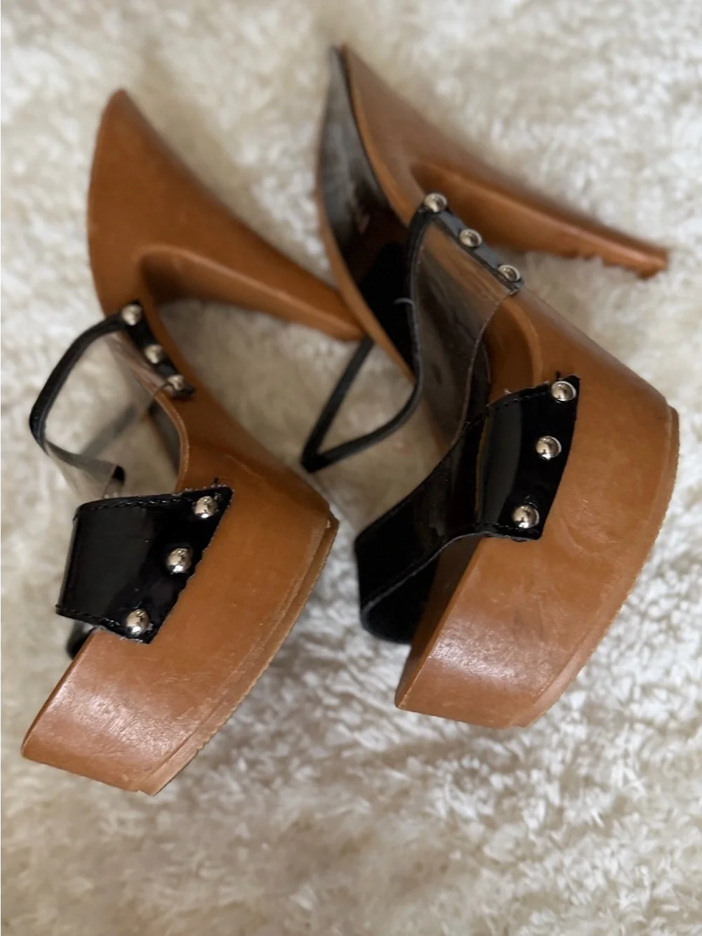 Charles David Brown Platform Heels with Black Patent & Clear Panels